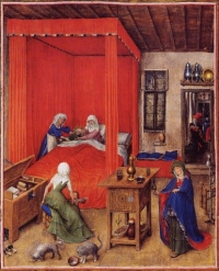 early 15th century picture with bed, canopy and curtains